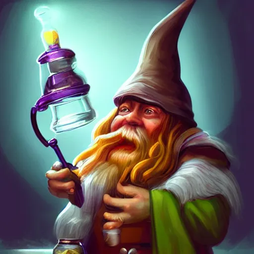 Prompt: portrait of a beautiful gnome alchemist with a bong, D&D, sharp focus, realistic, cinematic lighting, fantasy digital painting
