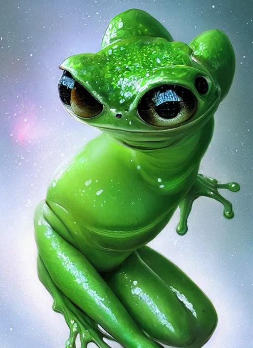 Image similar to portrait of my ethereal waifu cute innocent green slimy alien female froggy lady,, with adorable uwu eyes painted by greg rutkowski, wlop, 7 0 s scifi