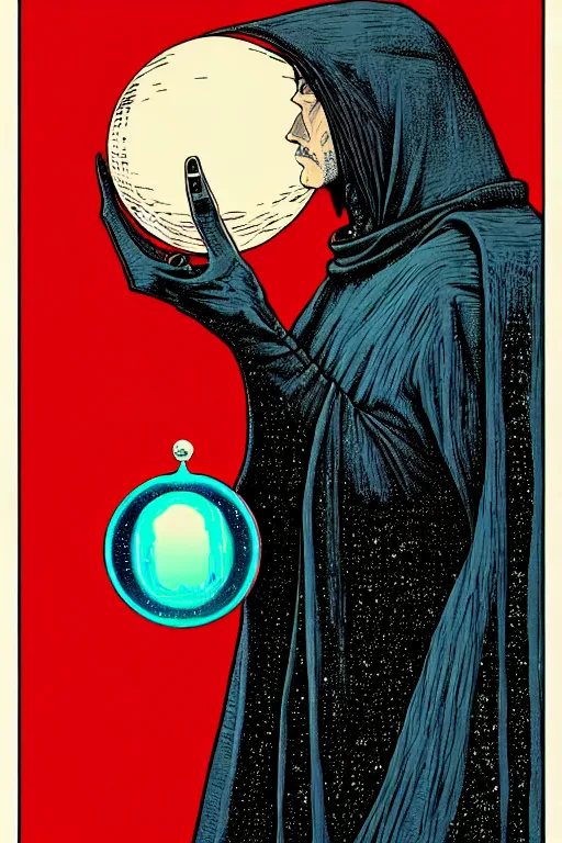 Prompt: side view of wizard in a hooded cloak gazing into a crystal ball, high details, intricately detailed, by vincent di fate, inking, 3 color screen print, masterpiece, trending on artstation, sharp, details, hyper - detailed, hd, 4 k, 8 k