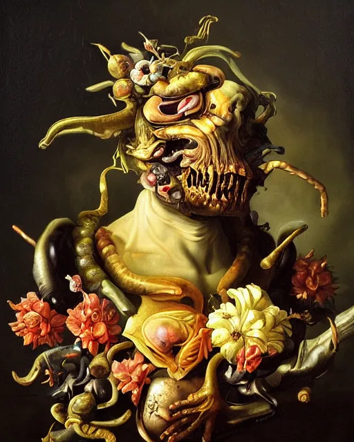 Image similar to refined gorgeous blended oil painting with black background by christian rex van minnen rachel ruysch dali todd schorr of a chiaroscuro portrait of an extremely bizarre disturbing mutated man made of still life flowers and rubber insects with shiny skin acne dutch golden age vanitas intense chiaroscuro cast shadows obscuring features dramatic lighting perfect symmetry perfect composition masterpiece