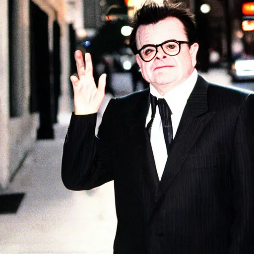 Prompt: 1 9 9 7 nathan lane wearing a black suit and necktie standing on the streets of chicago at night.