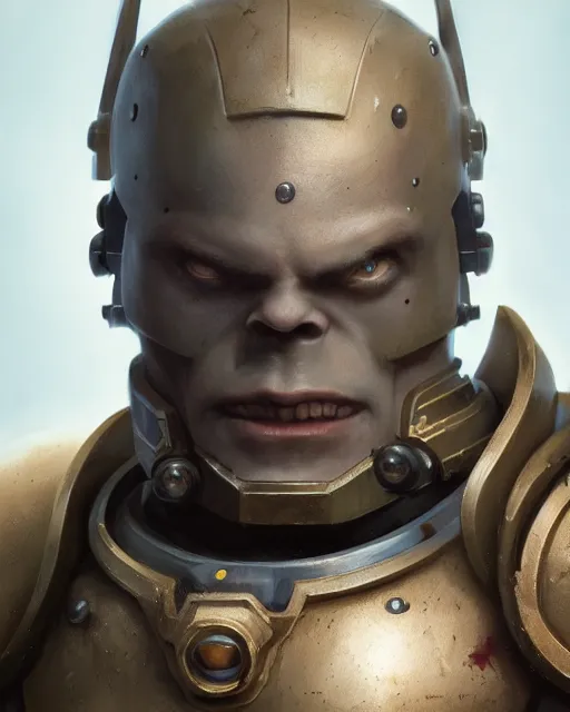 Prompt: hyper realistic portrait of heroic warhammer 4 0 k humanoid android head, cinematic, chaos marine, artstation, cgsociety, full head and shoulders, greg rutkowski, james gurney, mignola, craig mullins, brom redshift, vray, octane