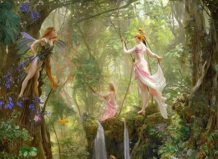 Image similar to bird's eye view, magical forest with a waterfall, lush trees, three fairies dancing around a maypole, magical, vivid colors, rule of thirds, a fantasy digital painting by alphonse mucha and john william waterhouse, trending on artstation, highly detailed, sharp lines