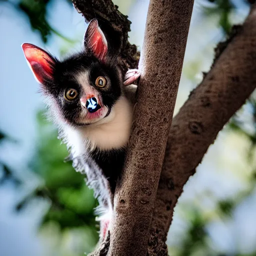 Image similar to a bat kitten, in a tree, Canon EOS R3, telephoto, very detailed, 4k