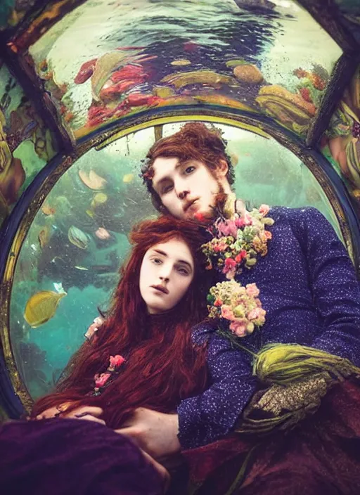 Image similar to detailed colourful masterpiece of intricate preraphaelite art novueau photography couple portrait sat down extreme closeup, love, inside an underwater train, detailed realistic expressions, wearing unusual clothes, ultra wide angle