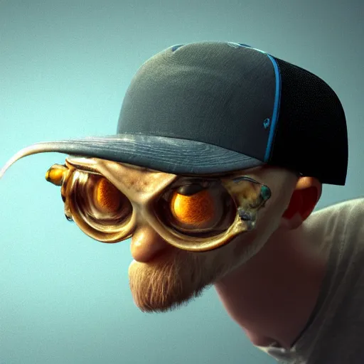 Image similar to hyperrealistic dslr film still of amorphous squid wearing a trucker hat, stunning 8 k octane comprehensive 3 d render, inspired by istvan sandorfi & greg rutkowski & unreal engine, perfect symmetry, dim volumetric cinematic lighting, extremely hyper - detailed, extremely lifelike attributes & lifelike texture, intricate, masterpiece, artstation, stunning