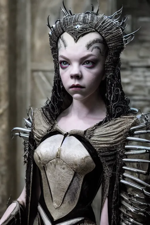 Image similar to dressed anya taylor - joy as senobith, symmetrical, cinematic, elegant, dark, real photography, costume made by clive barker, 4 k, ultra hd, sense of awe