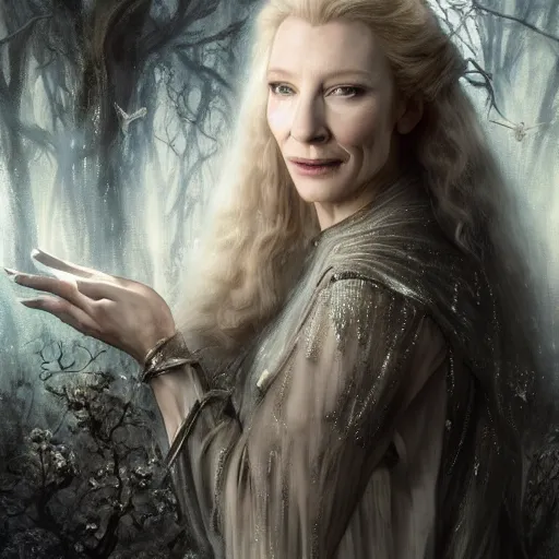 Prompt: portrait of ((mischievous)), baleful Cate Blanchett as Galadriel! as a queen of fairies, dressed in a beautiful silver dress. The background is a dark, creepy eastern europen forrest. night, horroristic shadows, high contrasts, lumnious, soft, theatrical, character concept art by ruan jia, thomas kinkade, and J.Dickenson, trending on Artstation