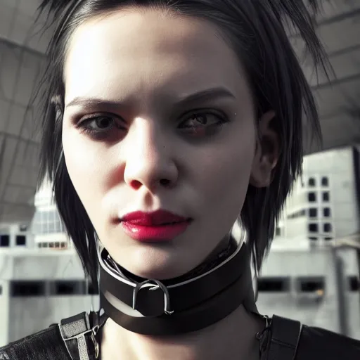 Image similar to detailed realistic female character cyberpunk wearing thick steel collar around neck, realistic, art, beautiful, 4K, collar, choker, collar around neck, punk, artstation, detailed, female, woman, choker, cyberpunk, neon, punk, collar, choker, collar around neck, thick collar, choker around neck, wearing choker, wearing collar,