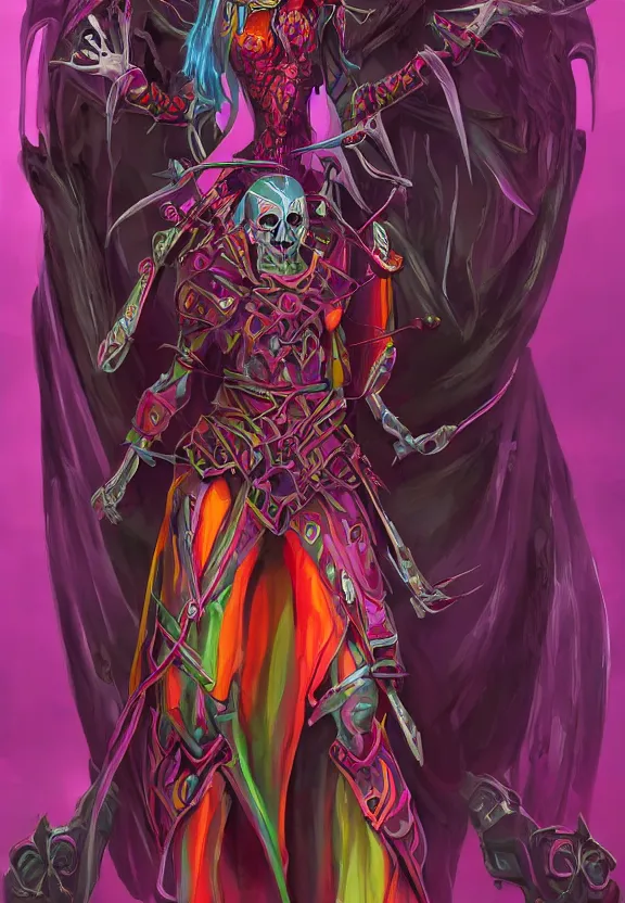 Prompt: colourful necromancer queen concept art, symmetrical, rule of three, detailed body, full body, detailed face, ultradetailed digital illustration, 8 k, epic atmosphere, digital art by simon cowell and rachel walpole