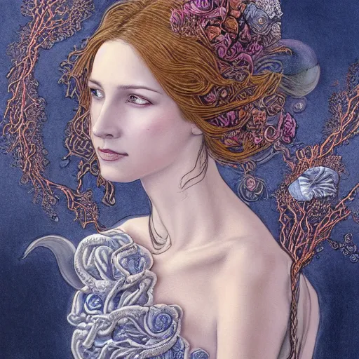 Image similar to facial portrait of a young pretty woman in flowing dress, arrogant, mysterious, long fine flowing hair, delicate, looking at camera, slightly awkward smile, realistic face, hands behind back, intricate, stylish, elegant, grimdark fantasy, flowers, art nouveau, extremely detailed painting inspired by Gerald Brom and Ernst Haeckel and Kaluta