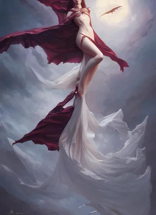 Image similar to desirable vampire woman floating in the air with silk cloth, fantasy, intricate, elegant, highly detailed, digital painting, artstation, concept art, matte, sharp focus, illustration, art by artgerm and greg rutkowski, dreadjim, zeen chin