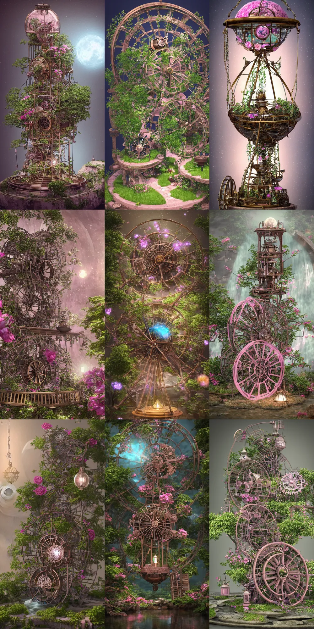 Prompt: steampunk waterwheel inside a marble, hourglass pink and blue bonsai tree, flower garden, intricate detail, hyper detailed, ultra realistic, sharp focus, octane render, parrot, lantern candle, butterfly, volumetric, ray tracing, artstation trending, moon,, cgsociety, sense of awe, swirling mist, 4 k