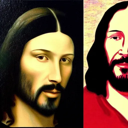 Prompt: painting of keanu reeves with beard in the style of mona lisa, painting by leonardo da vinci