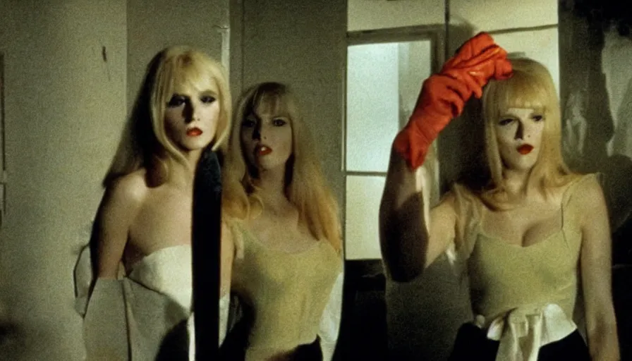 Image similar to color giallo movie about a killer with a knife killing fashion models