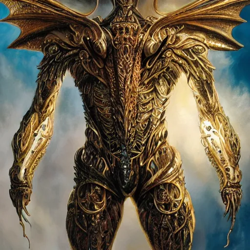 Prompt: a scary symmetrical muscular full body wearing a dragon armor with wings made of golden ornaments and gems, by alex gray and android jones , Karol Bak, Ayami Kojima, Amano , concept art, character design, fantasy,3D, 8k resolution