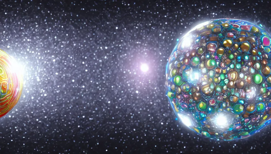 Image similar to metallic white sphere with other rainbow metallic spheres, hyperdetailed, artstation, cgsociety, 8 k