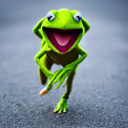 Prompt: Kermit sprinting towards the camera, motion blur, fast photo, realistic, surreal, digital photo