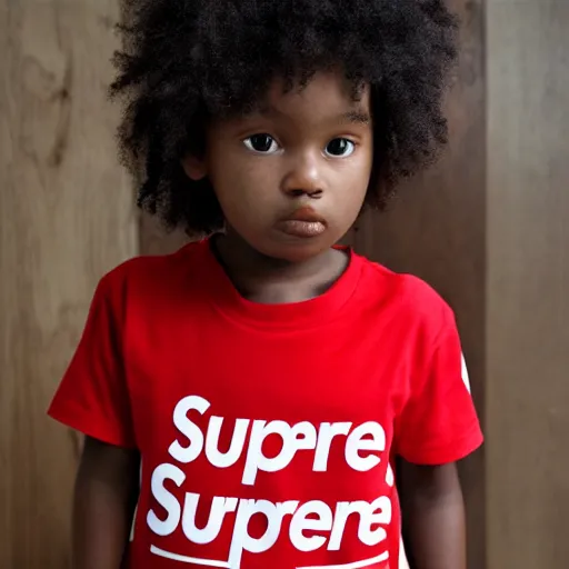 Image similar to short kid wearing a supreme shirt, detailed, studio