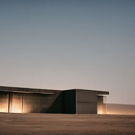 Prompt: massive concrete building, in the desert, neon lights, james turrel, minimalist architecture, raging sandstorm,