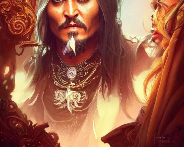 Prompt: digital art of johnny depp, deep focus, d & d, fantasy, intricate, elegant, highly detailed, digital painting, artstation, concept art, matte, sharp focus, illustration, hearthstone, art by artgerm and greg rutkowski and alphonse mucha