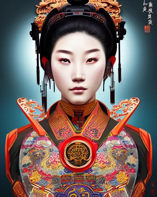 Image similar to portrait of a chinese cyberpunk machine, machine face, upper half portrait, decorated with chinese opera motifs, regal, asian, fine china, wuxia, traditional chinese art intricate intense elegant 京 剧 highly detailed digital painting artstation concept art smooth sharp focus illustration, art by artgerm and greg rutkowski alphonse mucha 8 k