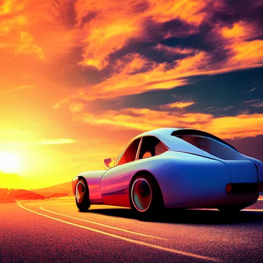Prompt: high detail art of a single car on a curvy empty winding road, beautiful sunset, synthwave, beach, mountains, beautiful light, colourful, clean design, digital art, 4 k