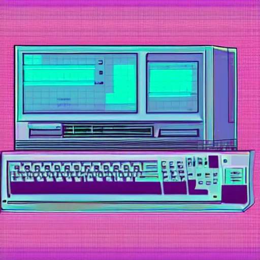 Prompt: a computer from the 90s in the style of vaporwave