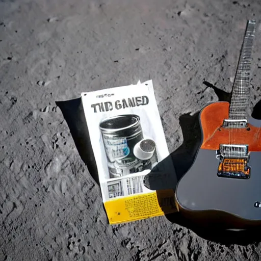 Image similar to photo of a detailed idle electric guitar and an detailed idle beer can next to one another on the moon surface. realistic. detailed