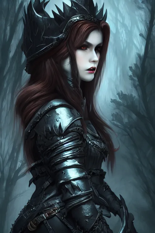 Image similar to dramatic atmospheric dark forest scenery, girl with vampire-fangs in hide leather armor, hyperdetailed, artstation, cgsociety, 8k
