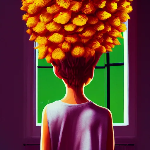 Image similar to closeup, giant flower head, woman next to modern windows, luxury apartment, surreal photography, dramatic light, impressionist painting, digital painting, artstation, james gilleard