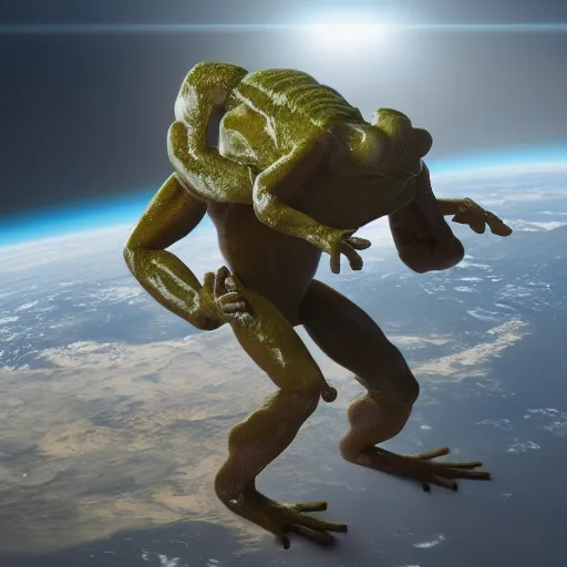 Image similar to a soldier muscular frog on two feet holding the entire planet on its hands, matte painting, trending artstation, octane render, 8 k, digital art