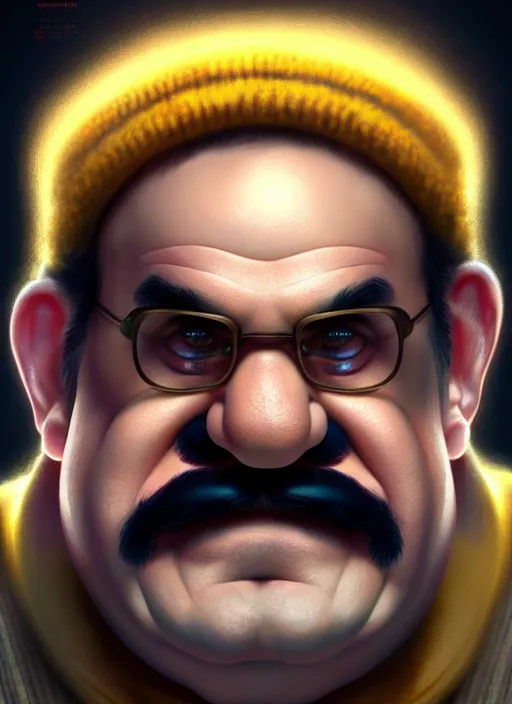 Image similar to realistic portrait of wario from warioware, intricate, elegant, glowing lights, highly detailed, digital painting, artstation, concept art, smooth, sharp focus, illustration, art by wlop, mars ravelo and greg rutkowski