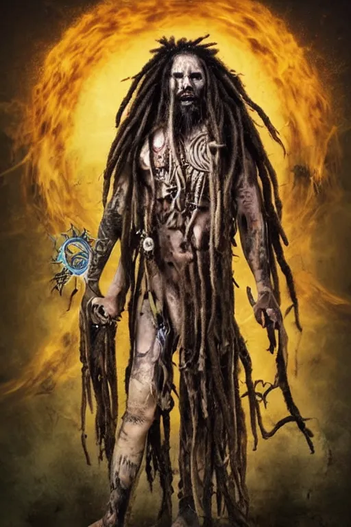 Image similar to a horror shaman with dreadlocks in sacrament of death and destruction