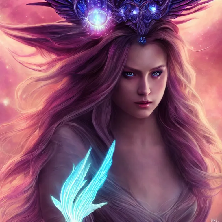 Prompt: beautiful cinematic fantasy poster, a beautiful princess queen with dark rainbow angel wings with flowing illuminated hair, beautiful glowing galaxy eyes, wideshot ultrawide angle epic scale, hybrid from The Elden Ring and art direction by Darius Zawadzki ;by artgerm; wayne reynolds art station; cinematic quality character render; low angle; ultra high quality model; production quality cinema model;