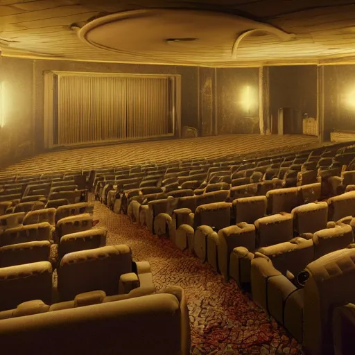 Prompt: PHOTOREALISTIC old movie theatre, crowd, film screening, 8K, NIGHTMARE, DETAILED, Octane render, HORROR, BY gregory Crewdson