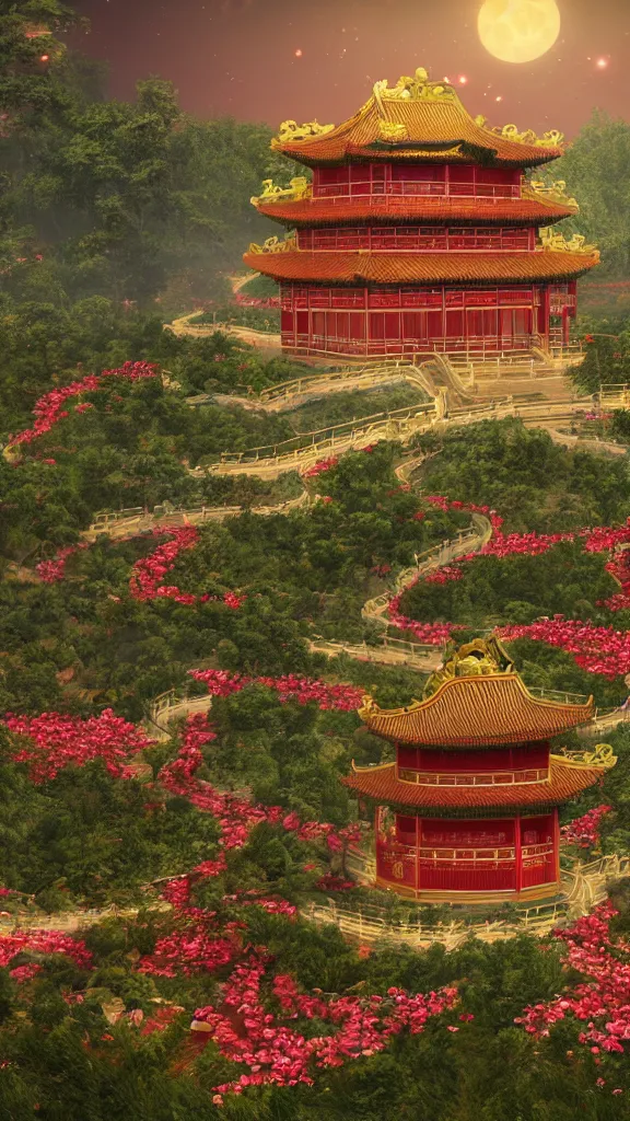 Prompt: gorgeous golden chinese palace, cg rendering chinese style, overlooking, mythology, fairyland, surrounded by roses, rose path. rose bushes, clear and bright roses, lighting effects, dreams, starry sky, super details, illustrations, 1 6 k unreal engine, ethereal clouds. moon palace, hd 1 6 k processing,, hd