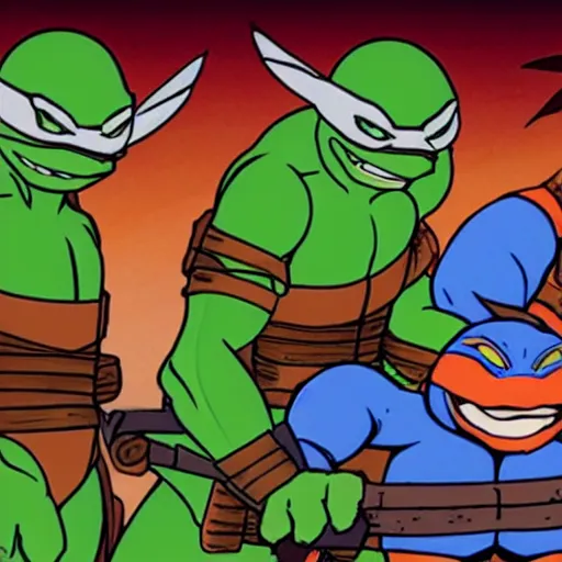 Prompt: Teenage Mutant Ninja Turtles roast a rat on a spit