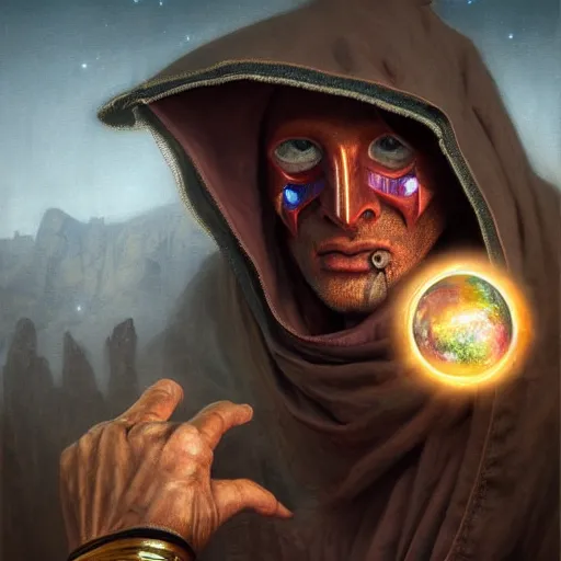 Prompt: masked nomad male wearing a cloak and holding a holographic planet projection in his hand, detailed, sci - fi, digital painting, artstation, sharp focus, illustration, ominous, artgerm, tomasz alen kopera, peter mohrbacher, donato giancola, joseph christian leyendecker, wlop, frank frazetta