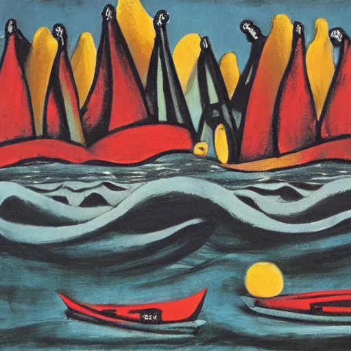 Prompt: the conceptual art depicts a huge wave about to crash down on three small boats. the boats are filled with people, and they all look terrified. craquelure, aaahh!!! real monsters by sean scully, by eleanor vere boyle opulent