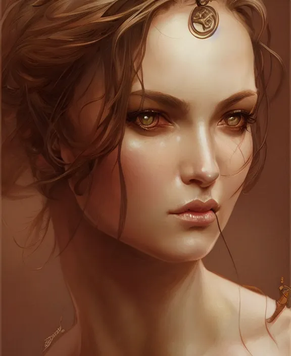 Image similar to portrait close up of woman, concentrated look, symmetry, d & d, fantasy, intricate, elegant, highly detailed, digital painting, artstation, concept art, art by artgerm and greg rutkowski and alphonse mucha, boris vallejo