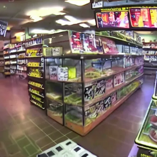 Prompt: cctv footage of a pokemon battle inside a deli, security cam footage