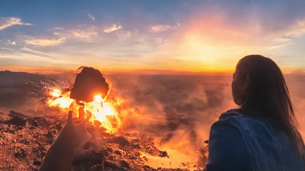 Prompt: movie still of an instagram influencer taking a selfie with a massive explosion, sunset, golden hour, dramatic
