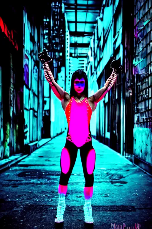 Image similar to buenos aires argentina cyberpunk strong girl, gymnast, sci - fi night neon lights