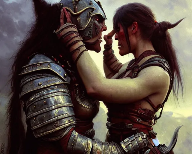 Prompt: romantic fantasy oil painting portrait of two female orc warriors kissing, wearing leather armor. fantasy art by greg rutkowski and john singer sargent