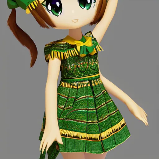 Image similar to cute fumo plush of a girl in a green and gold tribal patterned dress, stylized material bssrdf, cel shading, vray, anime girl