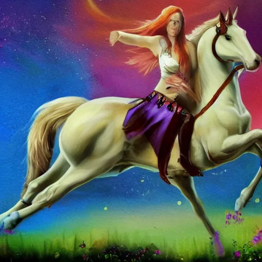 Prompt: fantasy painting of Simone Simons riding a unicorn