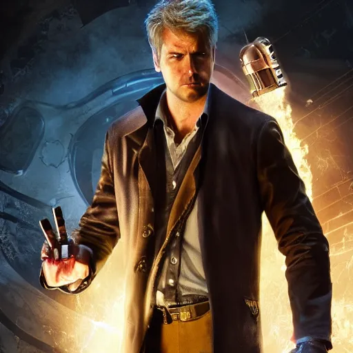 Prompt: a still on john constantine with the infinity gauntlet, award winning photo, unreal engine, highly detailed features