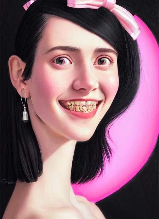 Image similar to portrait of high school girl, realistic, black hair, bangs, half updo hairstyle, pointy nose, skinny, smile, ugly, defined jawline, big chin, pink hair bow, earrings, intricate, elegant, glowing lights, highly detailed, digital painting, artstation, sharp focus, illustration, art by wlop, mars ravelo and greg rutkowski