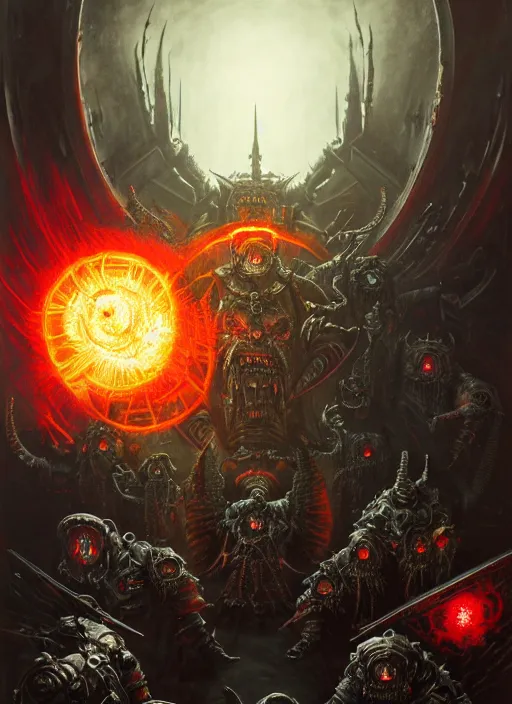 Image similar to wide shot of a warp portal, chaos demons emerging, blood runes glowing, intricate, warhammer, warhammer 4 0 k, highly detailed, digital painting, concept art, sharp focus, illustration, muted colors, grim dark, moody, gloomy, art by john blanche, by pedro nunez, by jaime martinez, by nacho molina